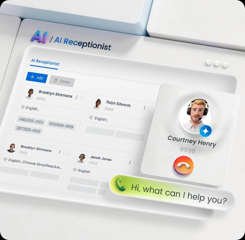 Ilustração oficial Yeastar do recurso AI Receptionist e suas configurações