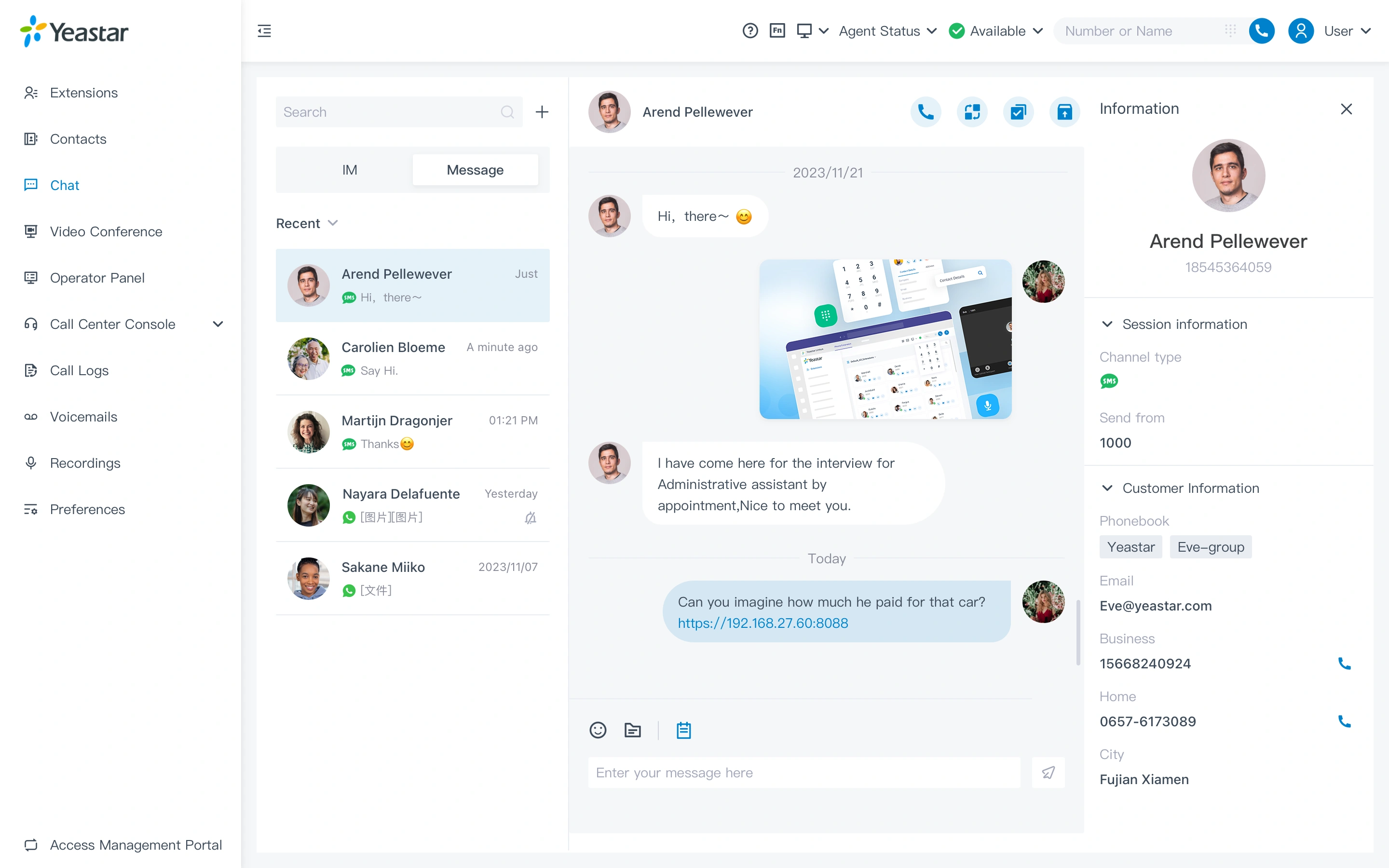 Interface oficial Yeastar de mensagens com lista de contatos e histórico da conversa